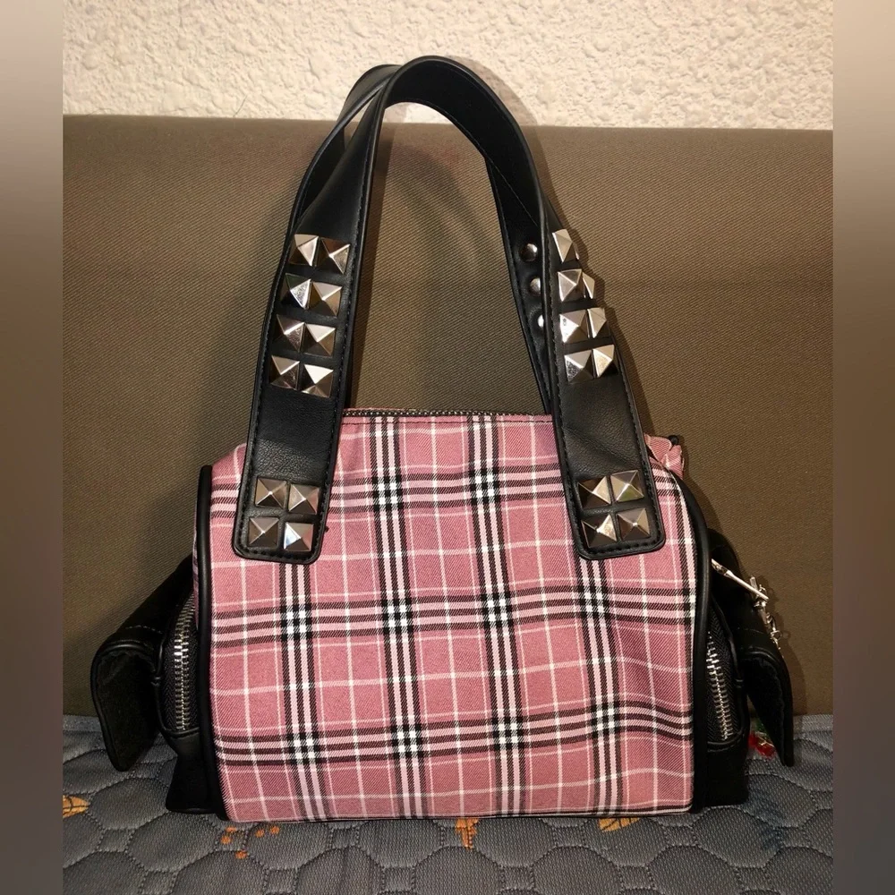 Plaid Pink Stud-Accent Satchel Handbag